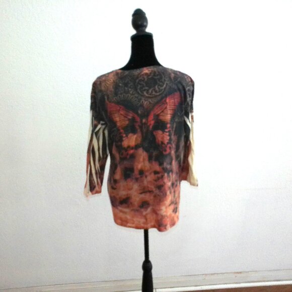 Orange/black/yellow butterfly blouse, with tiny studs design - Picture 6 of 8